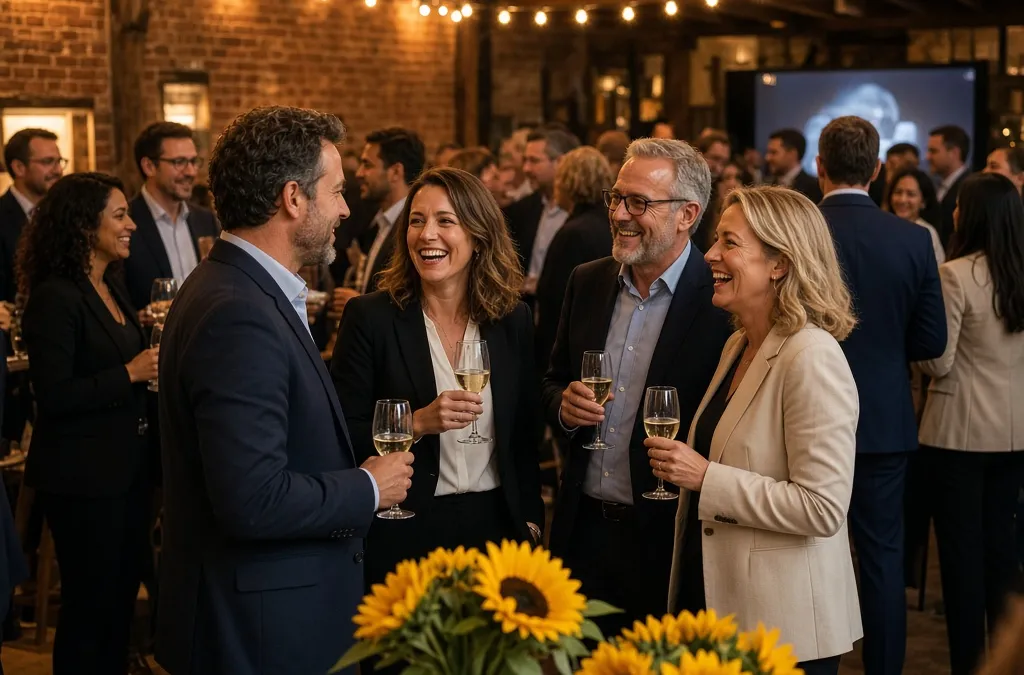 Business guests chatting over drinks at an evening networking reception