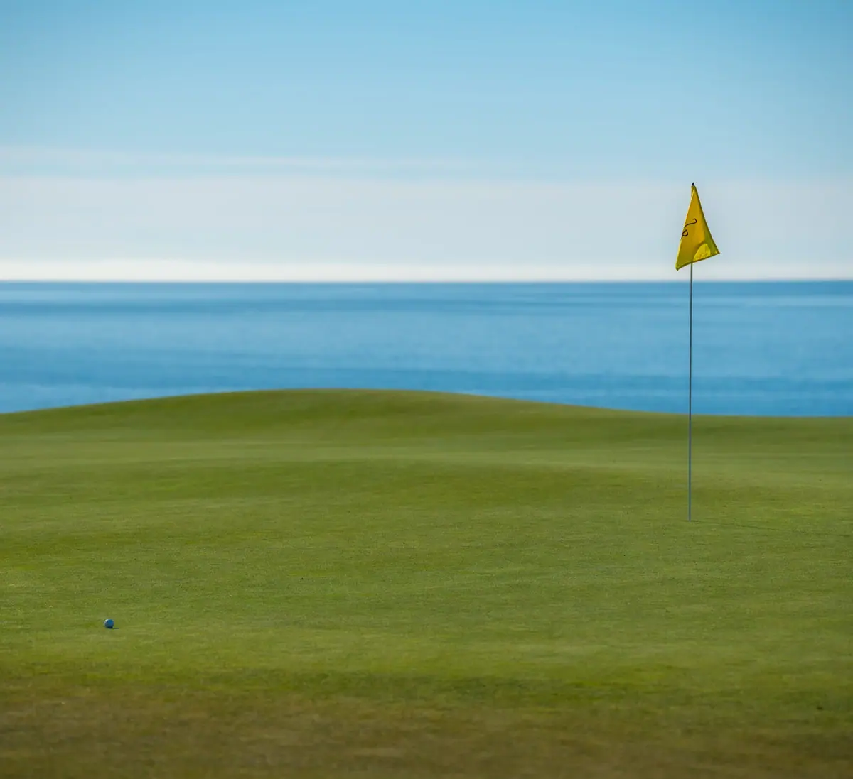 A flag on a green beside the sea